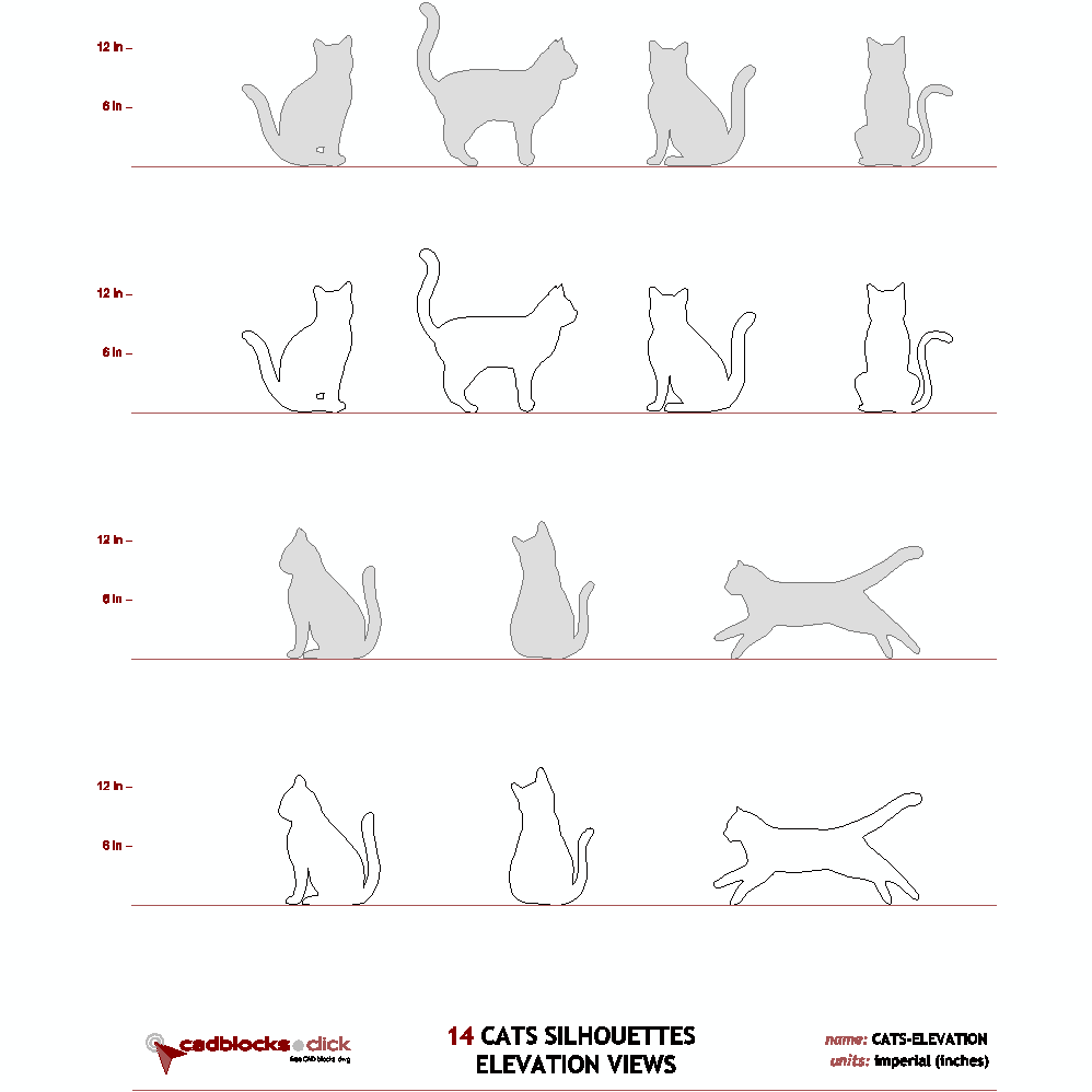 14 Cats Silhouettes Elevation Views CAD Drawings