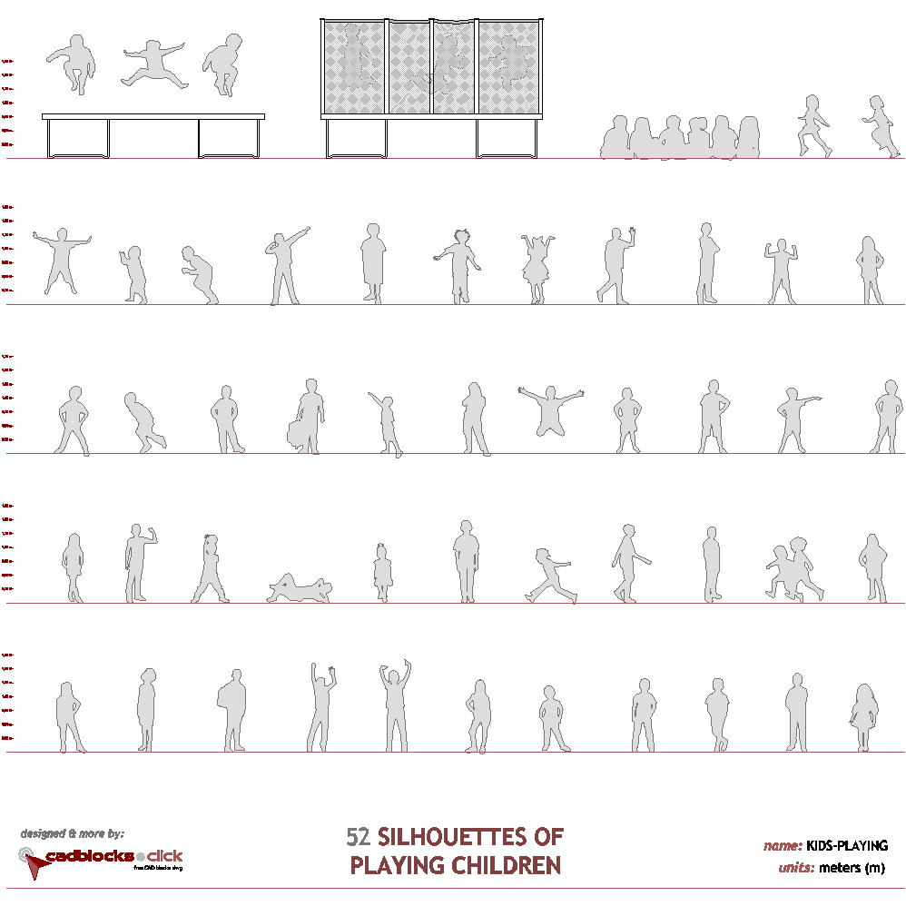 CAD block silhouettes of children running, jumping, and playing tag.