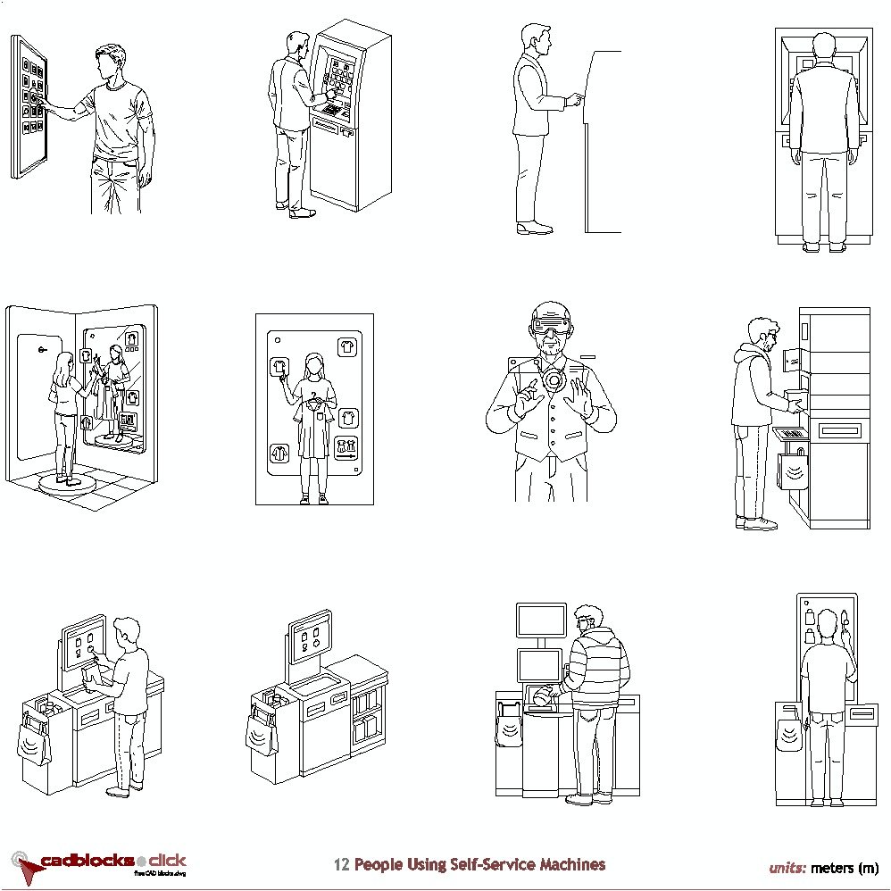 12 People Using Self-Service Machines CAD Blocks